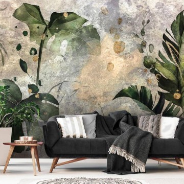 Beton hatású posztertapéta nagy levelekkel (több méret) 13923