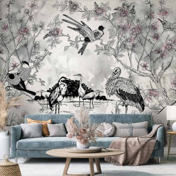 Fali poszter madarakkal rózsaszín virágokkal (több méret) 13947