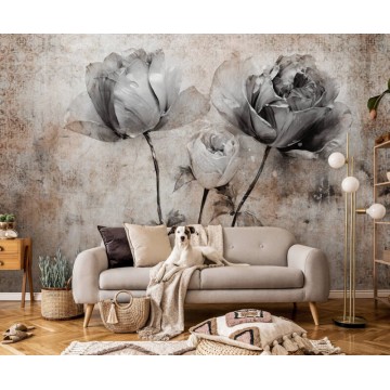 Barna szürke koptatott hatású fali poszter virágokkal 14877