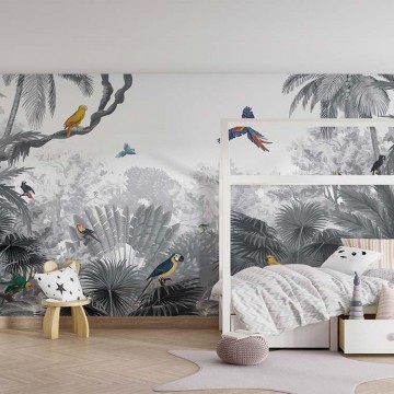 Dzsungel fekete fehér fali poszter színes papagájokkal (350x270 cm), egyedi méretben is kérhető  015KB (Kikki Belle) 