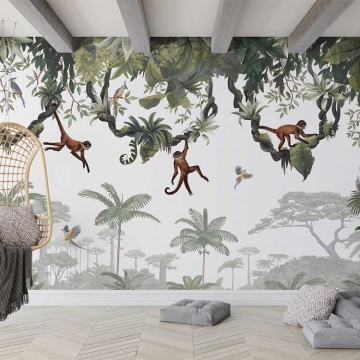 Állatmintás fali poszter majmokkal, zöld (350x270 cm), egyedi méretben is kérhető  018KB (Kikki Belle) 