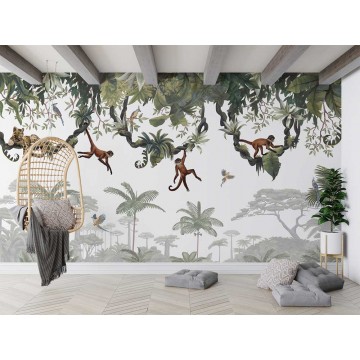 Állatmintás fali poszter majmokkal, zöld (350x270 cm), egyedi méretben is kérhető  018KB (Kikki Belle) 