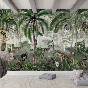Állatok a dzsungelben sötétzöld fali poszter (350x270 cm), egyedi méretben is kérhető  043KB (Kikki Belle) 