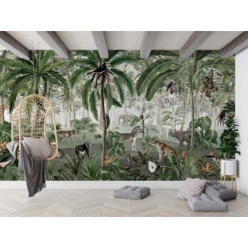 Állatok a dzsungelben sötétzöld fali poszter (350x270 cm), egyedi méretben is kérhető  043KB (Kikki Belle) 