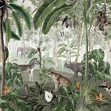 Állatok a dzsungelben sötétzöld fali poszter (350x270 cm), egyedi méretben is kérhető  043KB (Kikki Belle) 