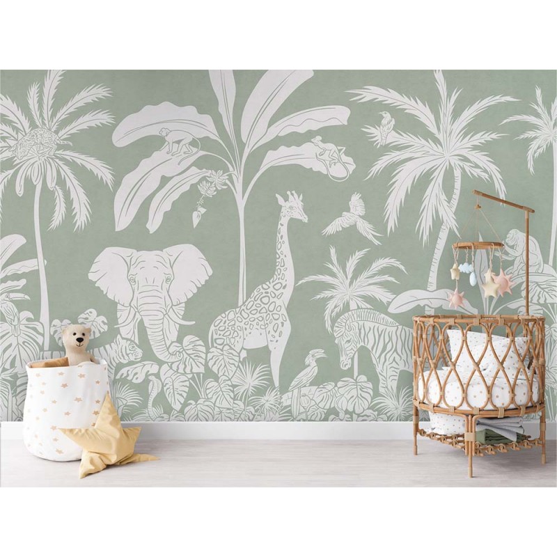 Állatok a dzsungelben zöld fali poszter (350x270 cm), egyedi méretben is kérhető  054KB (Kikki Belle) 