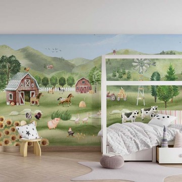 Állatok a farmon zöld fali poszter (350x270 cm), egyedi méretben is kérhető (Oliver Robins) 206EL