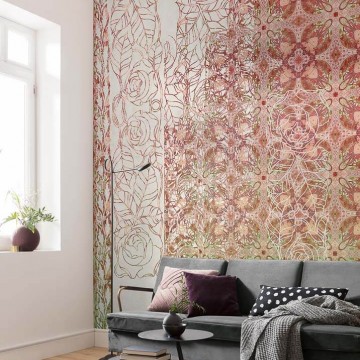 fali poszter zöld és téglavörös levélmintával (250x280 cm) HK405