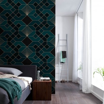 Art Deco fali poszter kékeszöld geometriai mintával (300x280 cm) HK116
