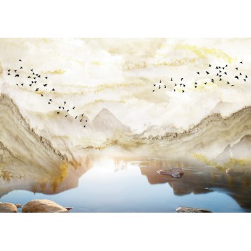 Hegyek, vízpart, madarak design poszter DCV1017