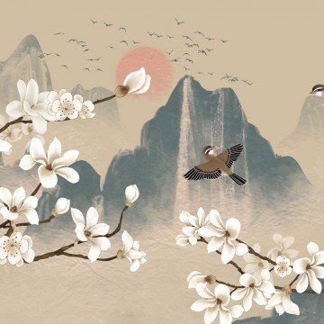 Japán stílusú fali  poszter hegyek, madarak, cseresznyevirág, barna zöld DC1247