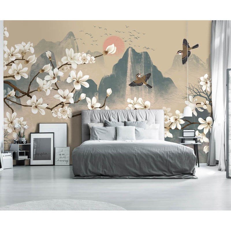 Japán stílusú fali  poszter hegyek, madarak, cseresznyevirág, barna zöld DC1247