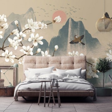 Japán stílusú fali  poszter hegyek, madarak, cseresznyevirág, barna zöld DC1247