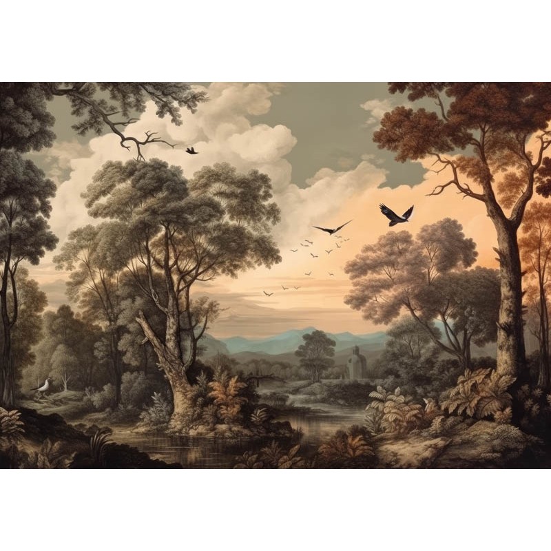 Klasszikus fali poszter fák madarak, barna DC1273