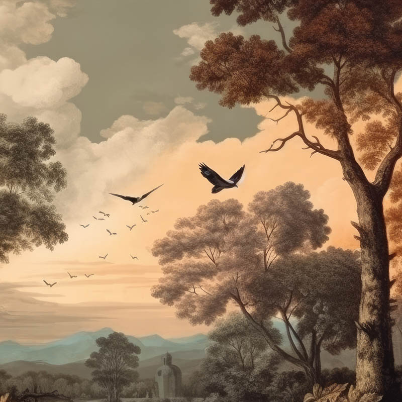 Klasszikus fali poszter fák madarak, barna DC1273