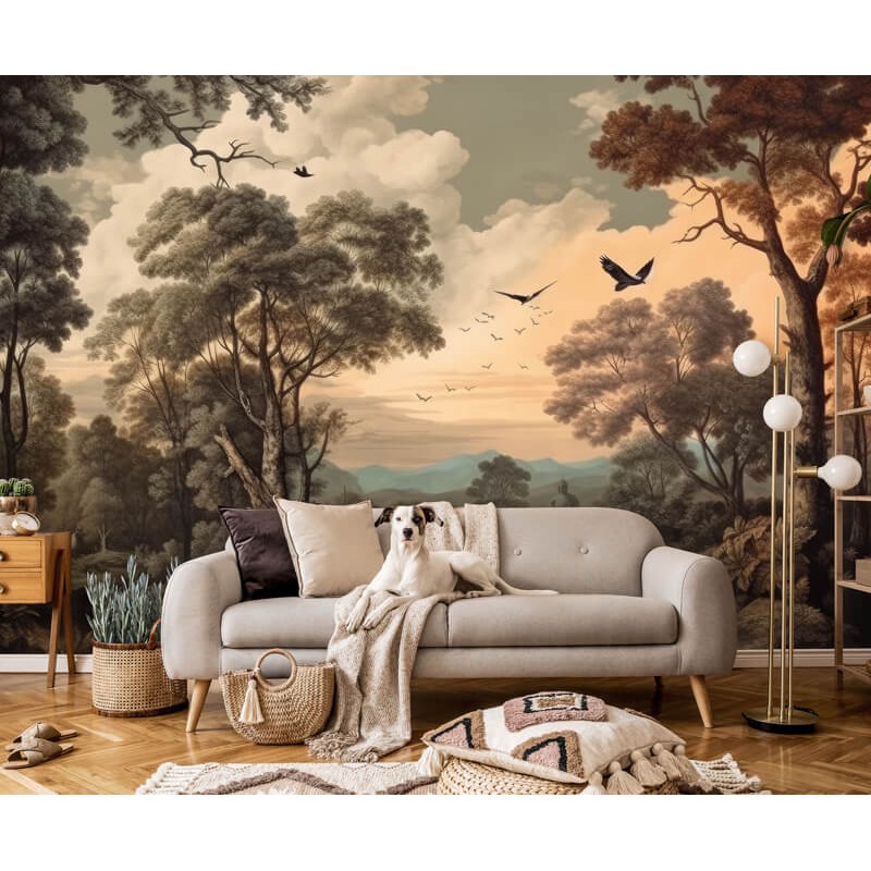 Klasszikus fali poszter fák madarak, barna DC1273