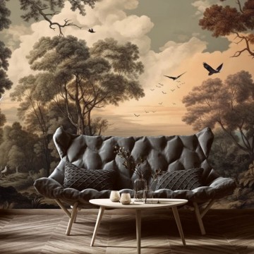 Klasszikus fali poszter fák madarak, barna DC1273