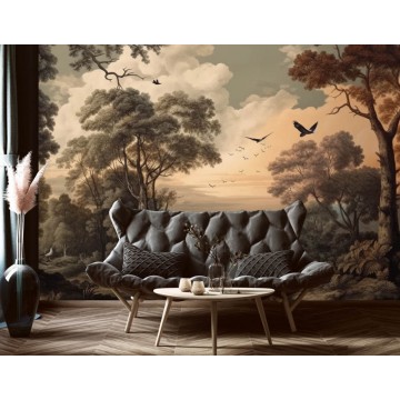 Klasszikus fali poszter fák madarak, barna DC1273