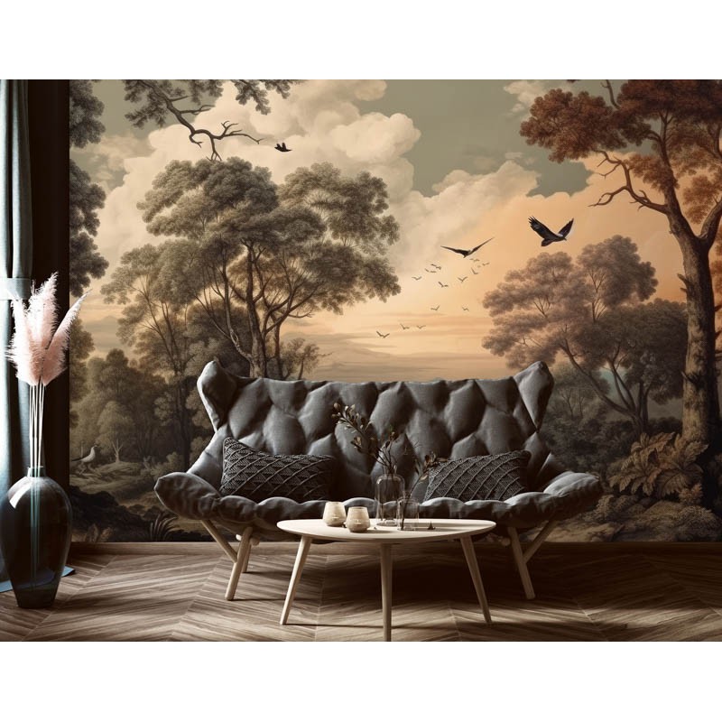 Klasszikus fali poszter fák madarak, barna DC1273