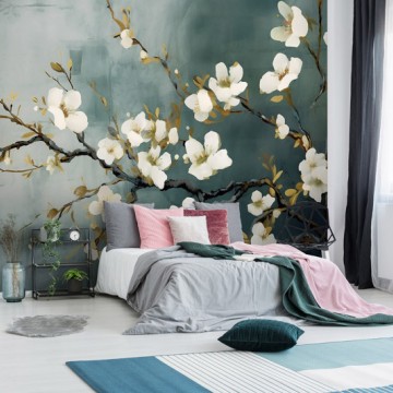 Elegáns virágmintás fali poszter, sötétzöld fehér DC1181