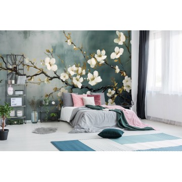 Elegáns virágmintás fali poszter, sötétzöld fehér DC1181