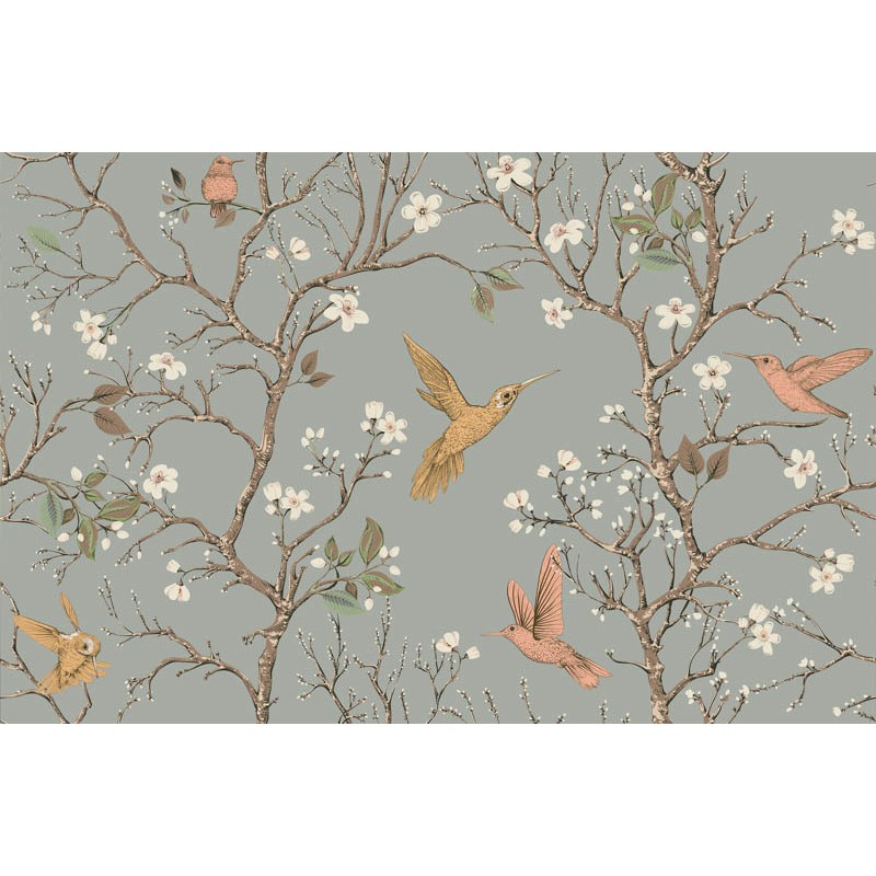 Keleties hangulatú fali poszter növényekkel, madrakkal, szürke barna DC1184