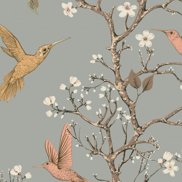 Keleties hangulatú fali poszter növényekkel, madrakkal, szürke barna DC1184