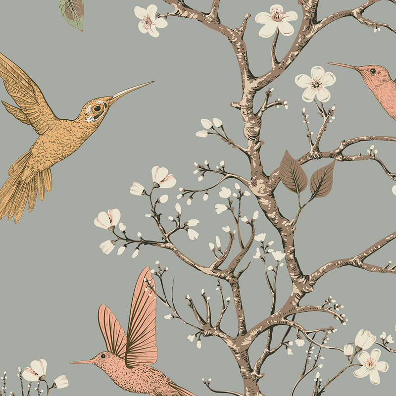 Keleties hangulatú fali poszter növényekkel, madrakkal, szürke barna DC1184