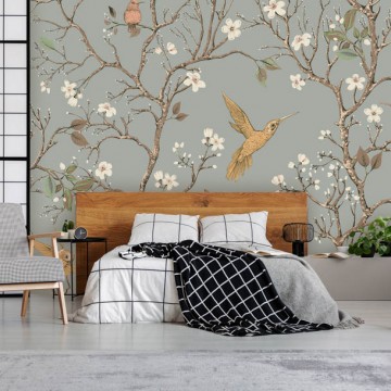 Keleties hangulatú fali poszter növényekkel, madrakkal, szürke barna DC1184