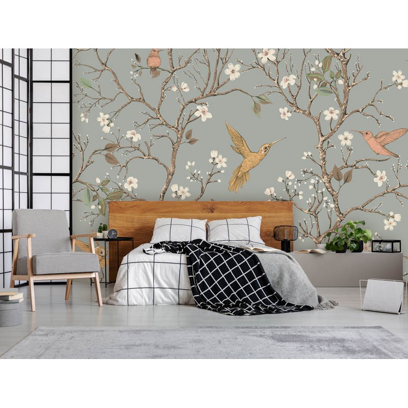 Keleties hangulatú fali poszter növényekkel, madrakkal, szürke barna DC1184