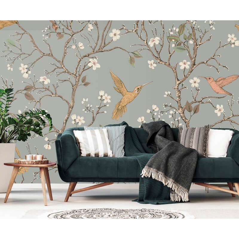 Keleties hangulatú fali poszter növényekkel, madrakkal, szürke barna DC1184