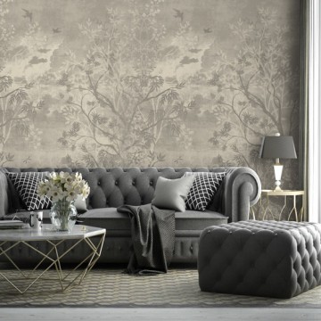 Elegáns pasztell zöld fali poszter növényekkel, madarakkal DC1189