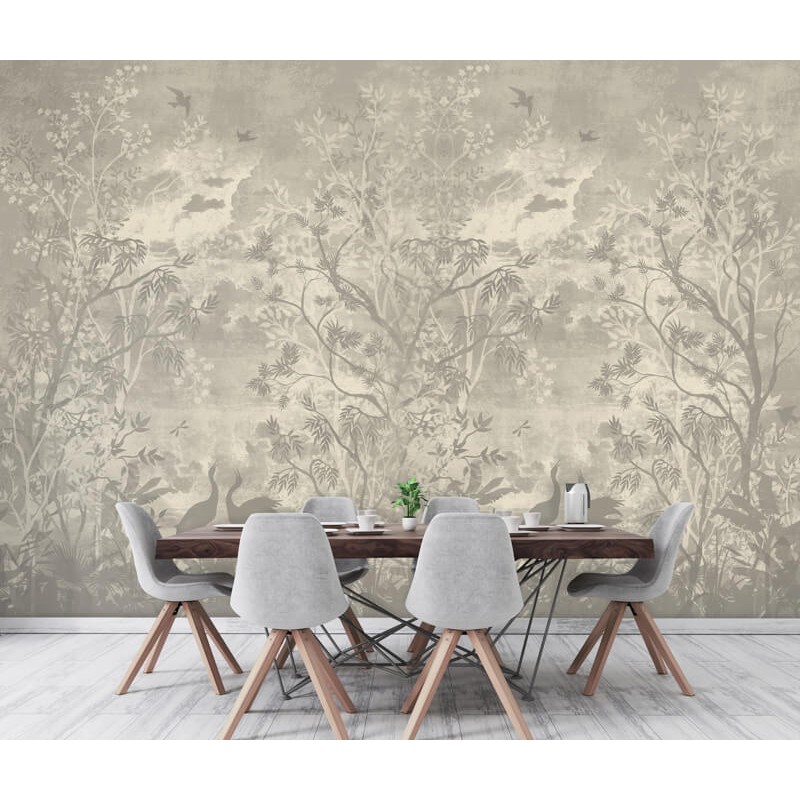 Elegáns pasztell zöld fali poszter növényekkel, madarakkal DC1189