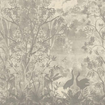 Elegáns pasztell zöld fali poszter növényekkel, madarakkal DC1189