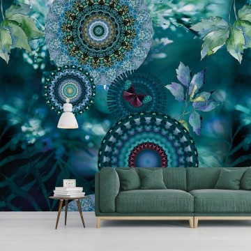 Élénk kék és zöld árnyalatú poszter kör motívumokkal TD4162 (300x280 cm)  (Circle of Life)