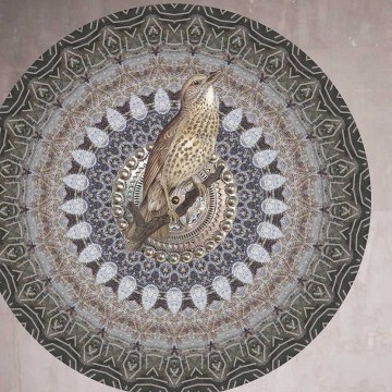Kör alakú poszter madár mintával, szürke barna TD4200 (átmérő: 100 cm vagy 150 cm) (Circle of Life)