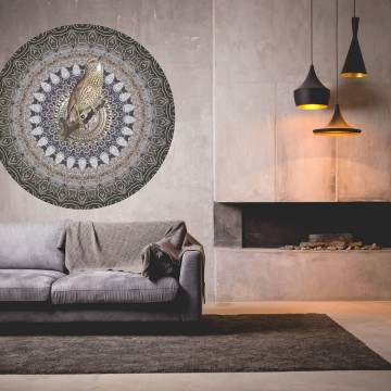 Kör alakú poszter madár mintával, szürke barna TD4200 (átmérő: 100 cm vagy 150 cm) (Circle of Life)