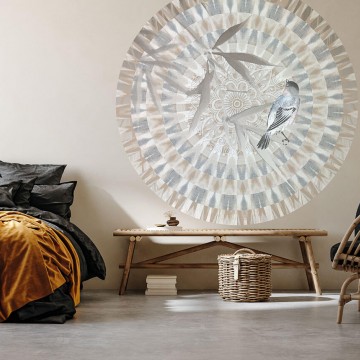 Kör alakú poszter madár mintával, bézs TD4214 (átmérő: 100 cm vagy 150 cm) (Circle of Life)