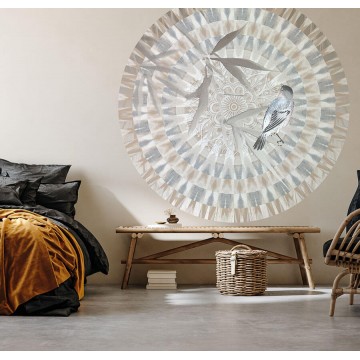 Kör alakú poszter madár mintával, bézs TD4214 (átmérő: 100 cm vagy 150 cm) (Circle of Life)
