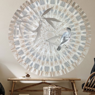 Kör alakú poszter madár mintával, bézs TD4214 (átmérő: 100 cm vagy 150 cm) (Circle of Life)