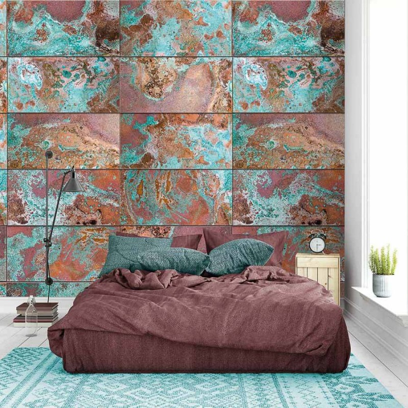 Ipari stílusú fémhatású posztertapéta, barna türkiz INK7065  (200 x 300 cm) (New Materials)