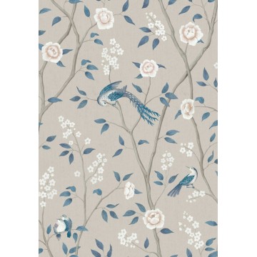 Paradicsommadár virágokkal taupe kék design tapéta 6143 (Blue and White)