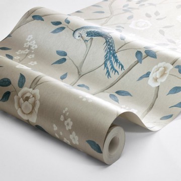 Paradicsommadár virágokkal taupe kék design tapéta 6143 (Blue and White)