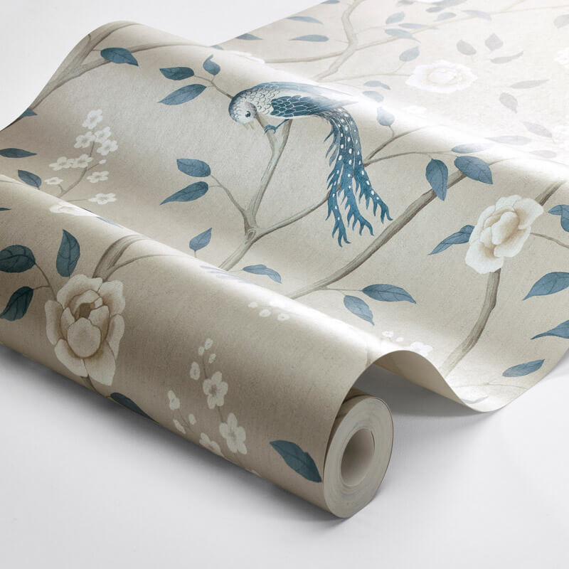 Paradicsommadár virágokkal taupe kék design tapéta 6143 (Blue and White)