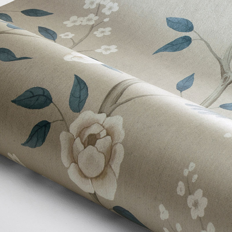 Paradicsommadár virágokkal taupe kék design tapéta 6143 (Blue and White)