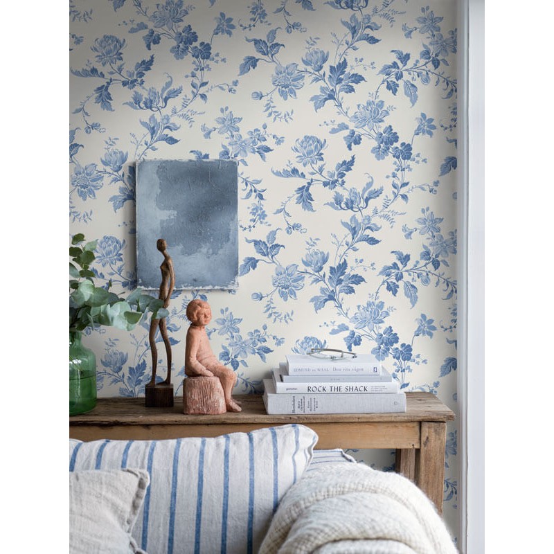 Fehér kék tapéta vidám virágokkal 6146 (Blue and White)