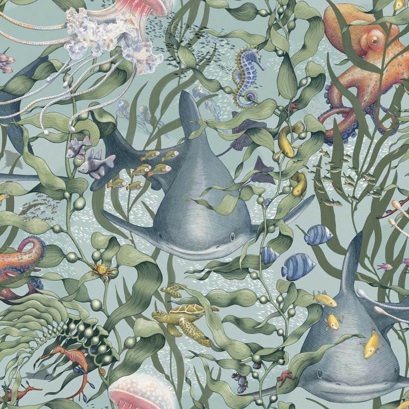 Tengeri állatok és növények design tapéta kékeszöld árnyalatokkal 8152 (Fairyland)
