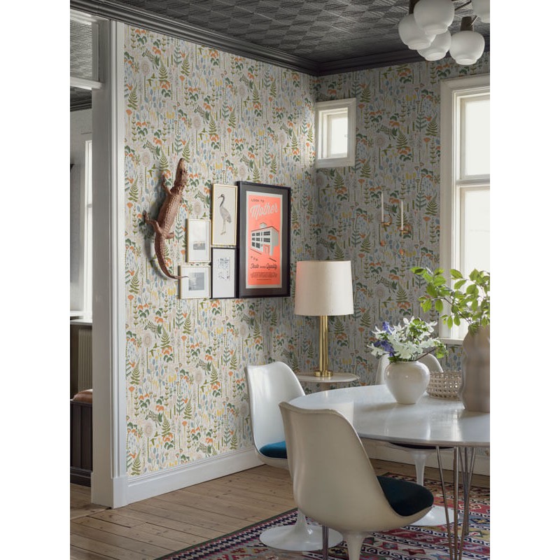 Bohém design tapéta virágokkal levelekkel, zöld, sárga, kék 1450 (Icons)