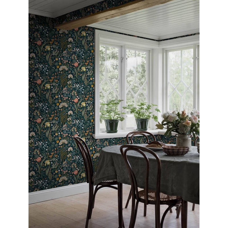 Bohém virágos design tapéta sárga, zöld, rózsaszín virágokkal sötét háttérrel 2055 (Icons)