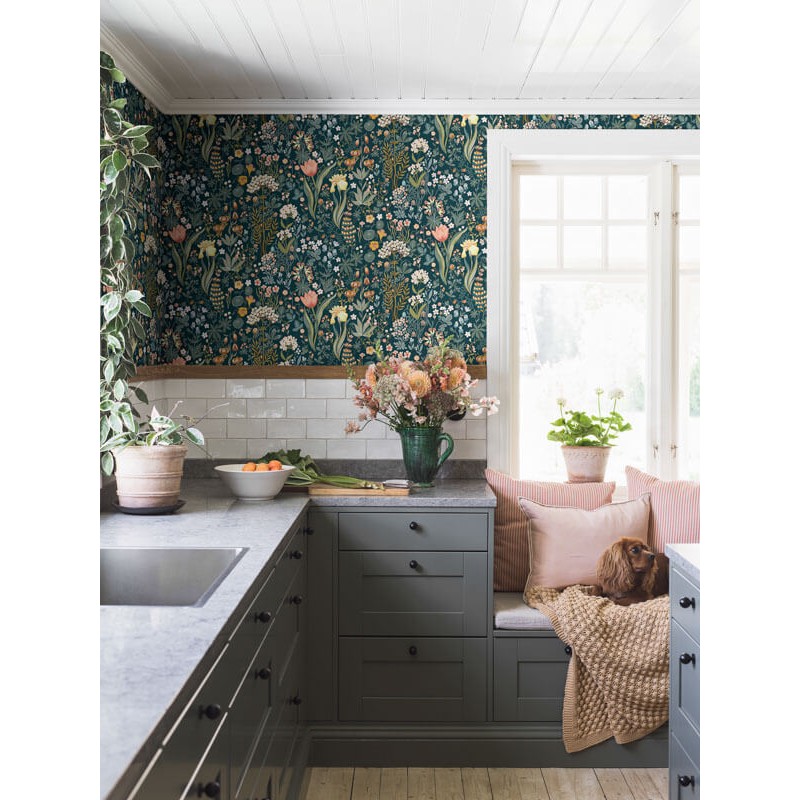 Bohém virágos design tapéta sárga, zöld, rózsaszín virágokkal sötét háttérrel 2055 (Icons)